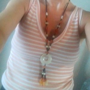 Muticolor stone necklace, moon disc w/tassel drop